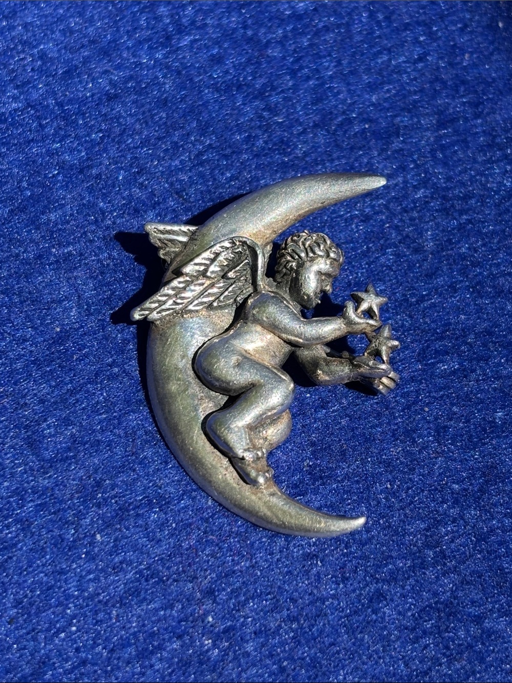 Vintage Sterling Silver Cherub on Crescent Moon Brooch MKV